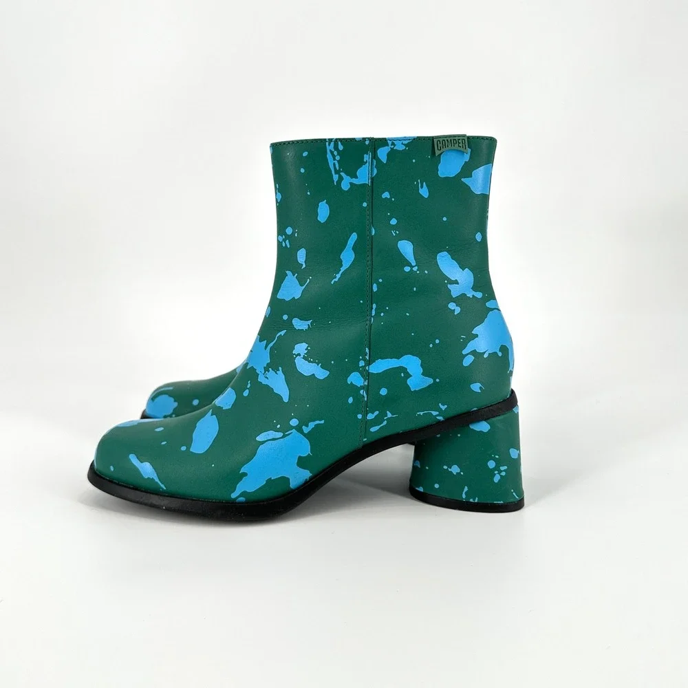 Camper Kiara Green Blue Paint Splatter Leather Ankle Boots Block Heel EU 38 US 8